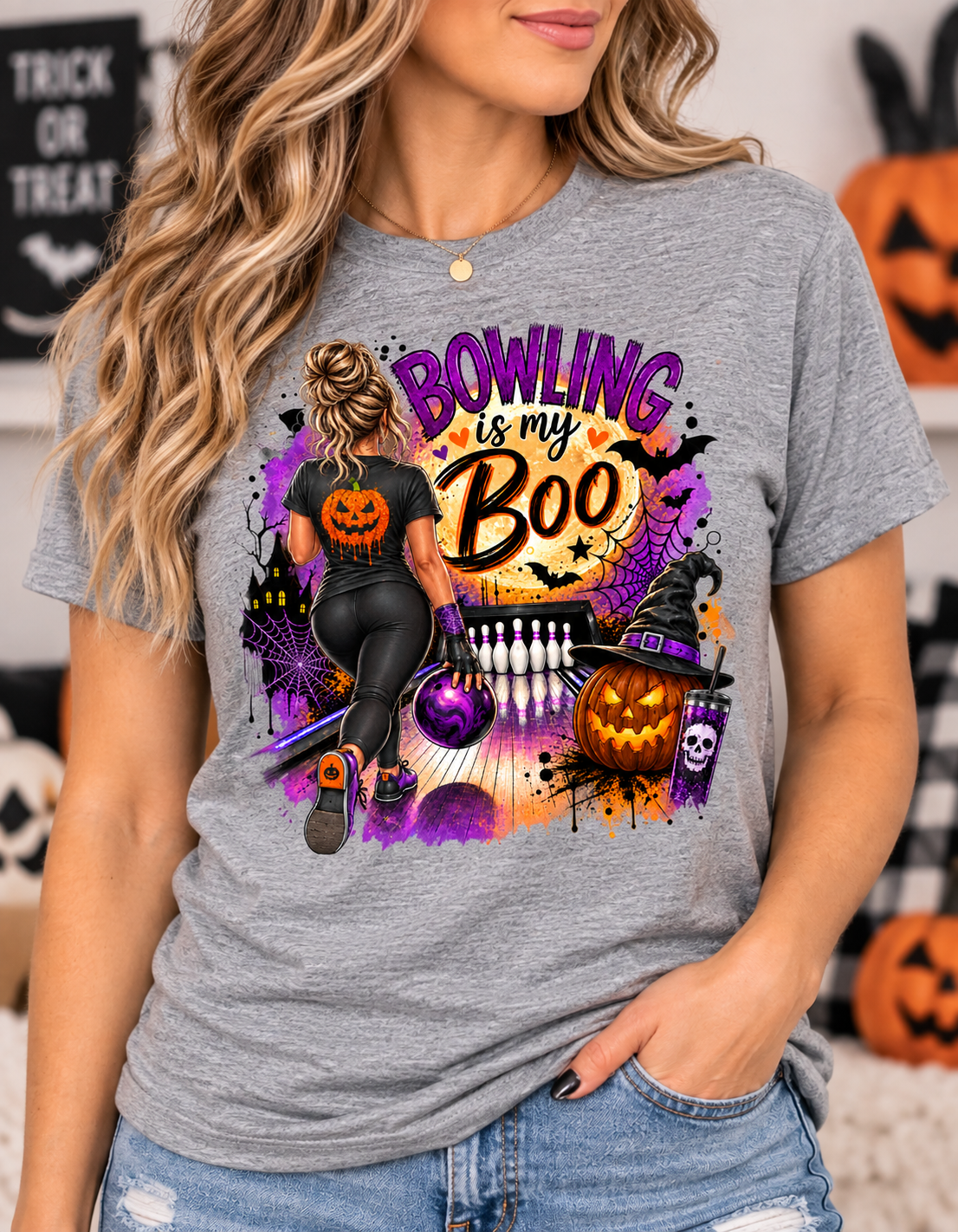 Halloween "Bowling is My Boo" graphic t-shirt with bowler, full moon, jack-o'-lantern, and bats heather grey