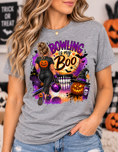 Halloween "Bowling is My Boo" graphic t-shirt with bowler, full moon, jack-o'-lantern, and bats heather grey