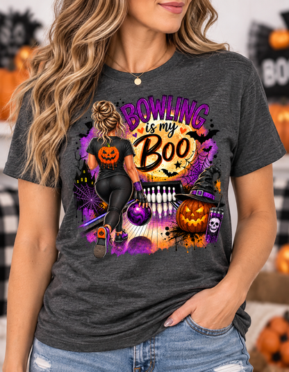 Halloween "Bowling is My Boo" graphic t-shirt with bowler, full moon, jack-o'-lantern, and bats