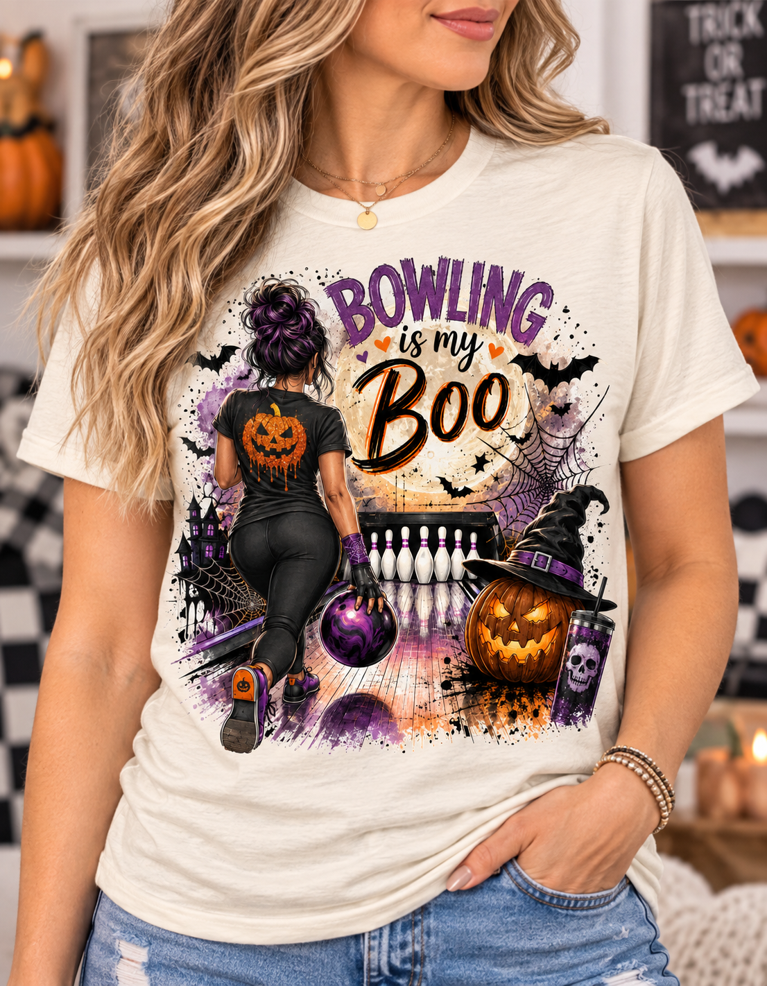 Halloween "Bowling is My Boo" graphic t-shirt with bowler, full moon, jack-o'-lantern, and bats natural