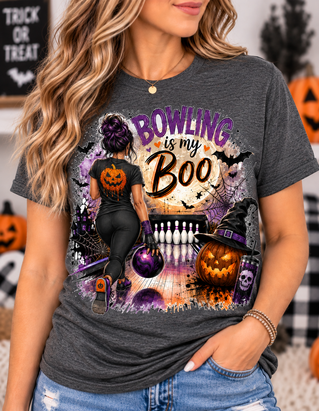 Halloween "Bowling is My Boo" graphic t-shirt with bowler, full moon, jack-o'-lantern, and bats dark deep heather