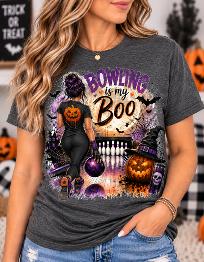 Halloween "Bowling is My Boo" graphic t-shirt with bowler, full moon, jack-o'-lantern, and bats dark deep heather