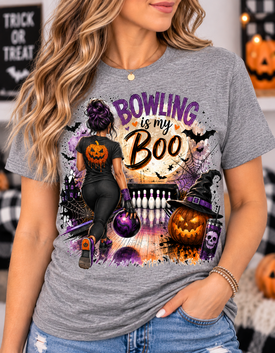 Halloween "Bowling is My Boo" graphic t-shirt with bowler, full moon, jack-o'-lantern, and bats heather grey
