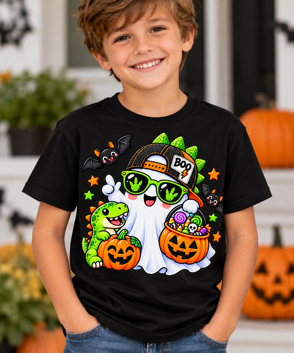 Close-up of vibrant DTF print showing ghost with BOO cap and baby T-rex holding pumpkin