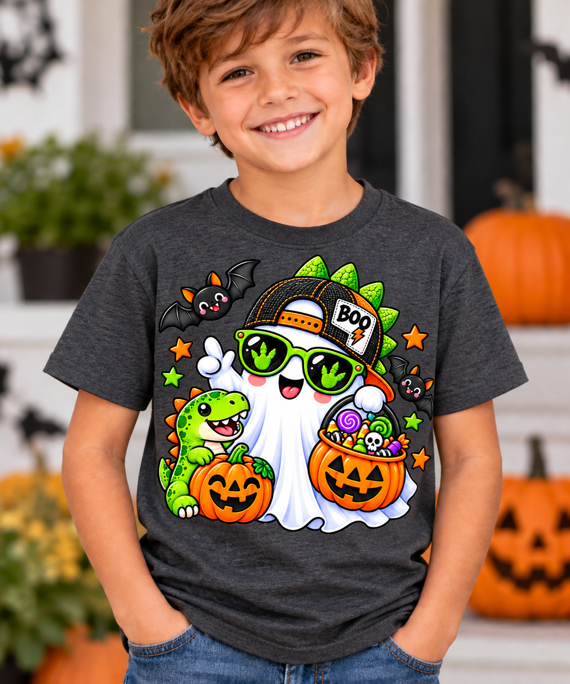 Halloween t-shirt with cool ghost in BOO cap and sunglasses, baby T-rex, jack-o'-lantern candy bucket, and bats