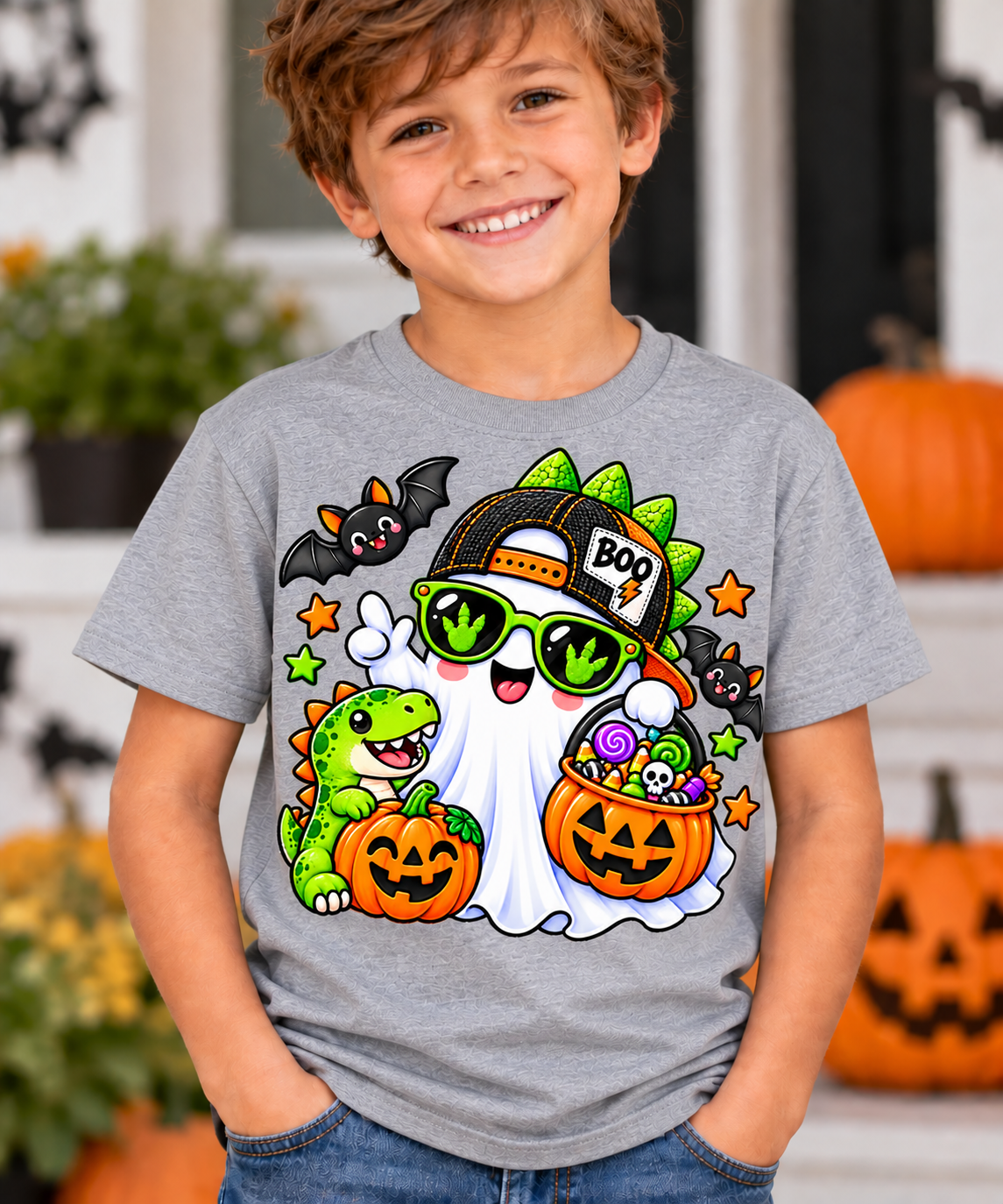 Cool ghost wearing a backwards BOO trucker cap and green dinosaur footprint sunglasses, holding a jack-o'-lantern candy bucket next to a smiling baby T-rex and pumpkin, with bats and stars on a Halloween t-shirt