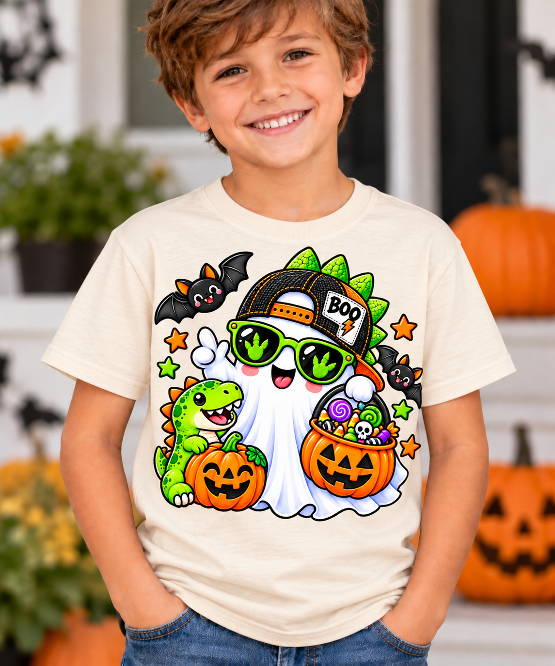 Cool ghost dinosaur Halloween tee shown in natural on a flat lay with fall decor