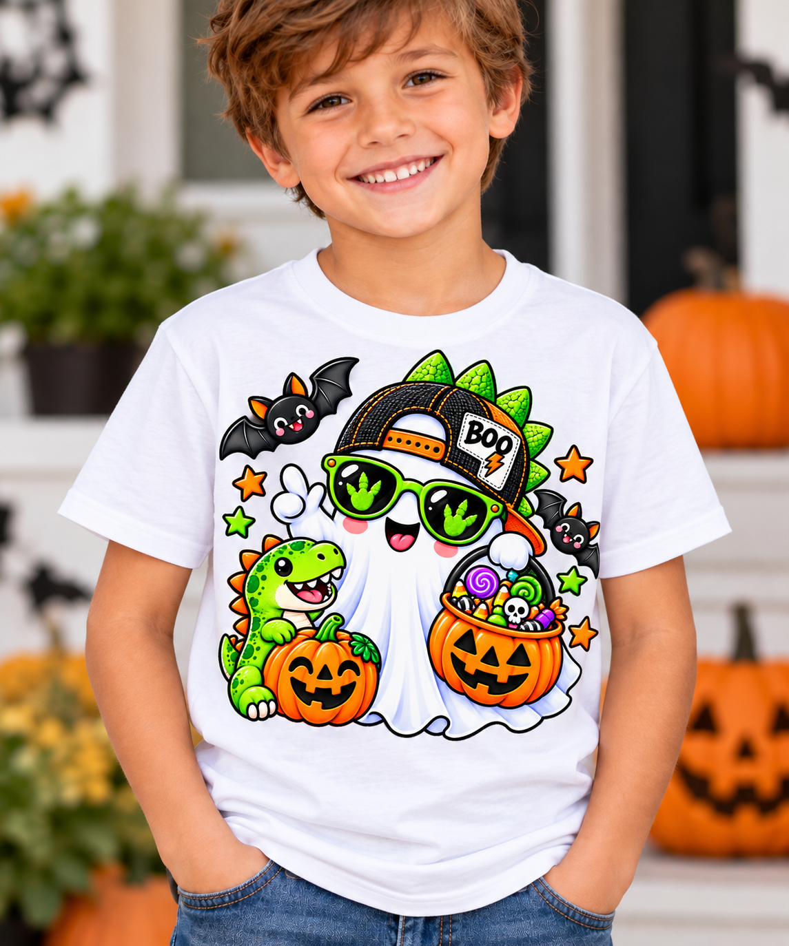 Kids wearing a cool ghost and dinosaur Halloween t-shirt for trick or treating