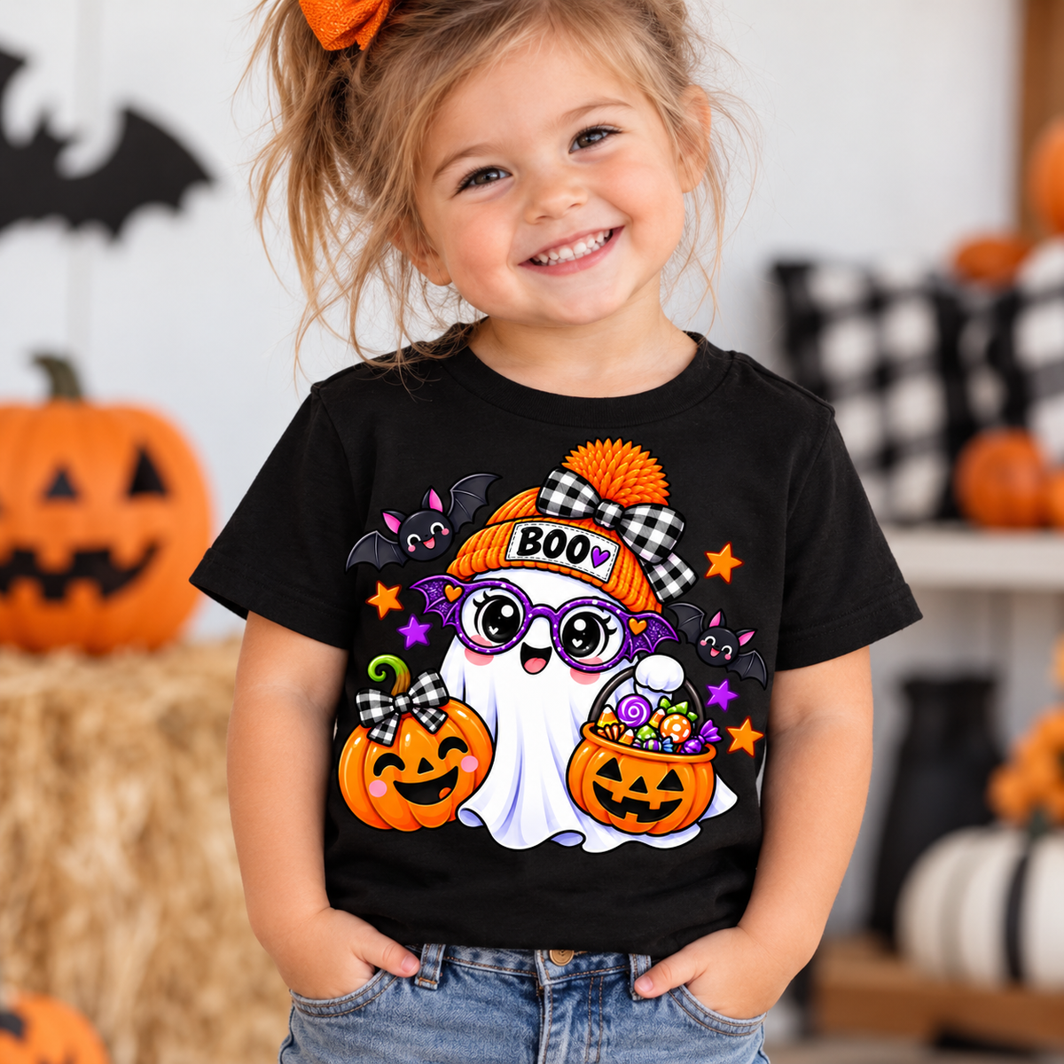 Cute white ghost wearing an orange BOO beanie and purple bat glasses, with smiling jack-o'-lantern pumpkins, candy, and bats, on a toddler Halloween t-shirt