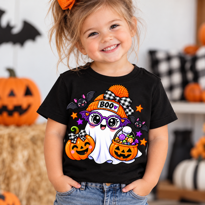 Cute white ghost wearing an orange BOO beanie and purple bat glasses, with smiling jack-o'-lantern pumpkins, candy, and bats, on a toddler Halloween t-shirt