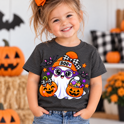 Cute white ghost wearing an orange BOO beanie and purple bat glasses, with smiling jack-o'-lantern pumpkins, candy, and bats, on a toddler Halloween t-shirt