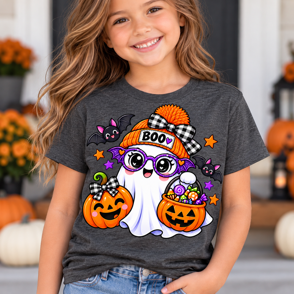 Cute white ghost wearing an orange BOO beanie and purple bat glasses, with smiling jack-o'-lantern pumpkins, candy, and bats, on a toddler Halloween t-shirt