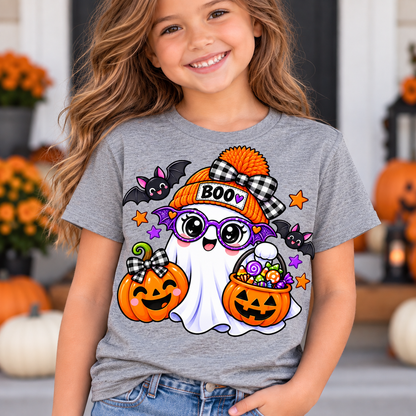Cute white ghost wearing an orange BOO beanie and purple bat glasses, with smiling jack-o'-lantern pumpkins, candy, and bats, on a toddler Halloween t-shirt