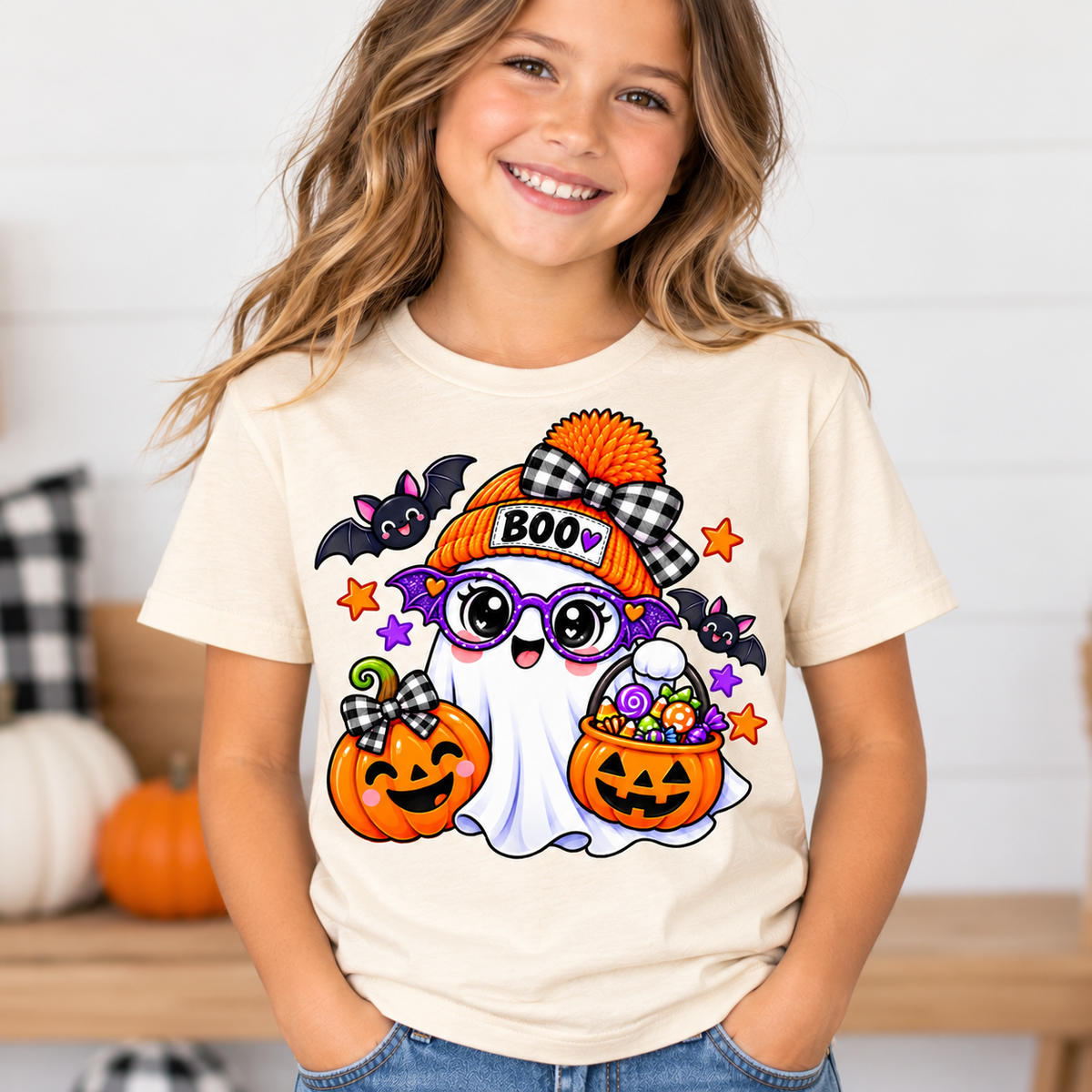 Cute white ghost wearing an orange BOO beanie and purple bat glasses, with smiling jack-o'-lantern pumpkins, candy, and bats, on a toddler Halloween t-shirt