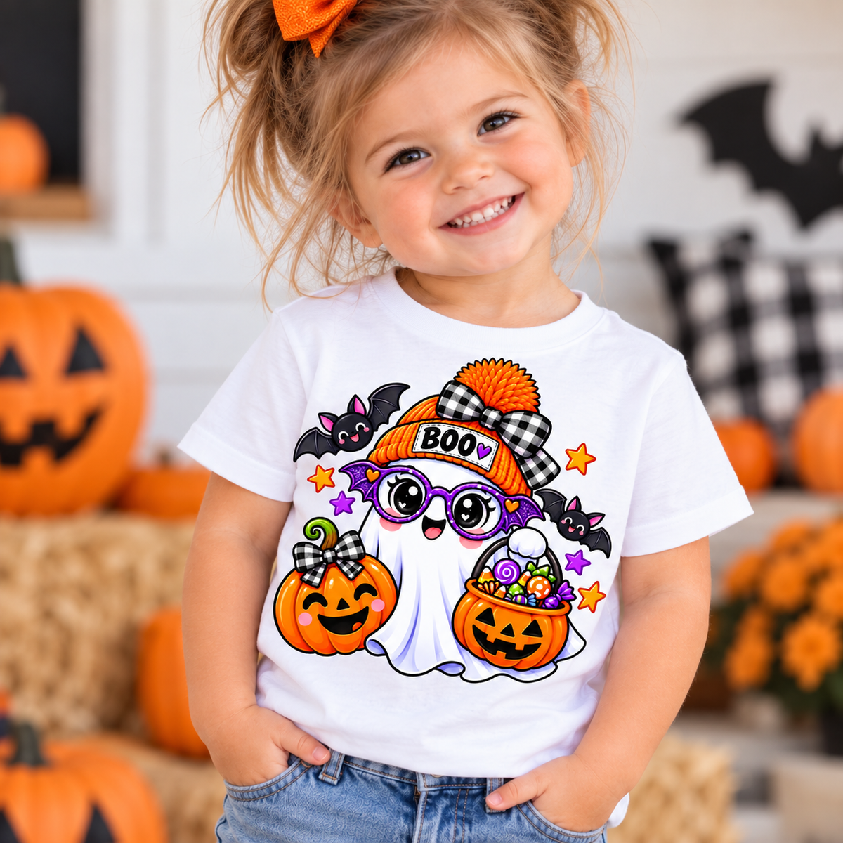 Cute white ghost wearing an orange BOO beanie and purple bat glasses, with smiling jack-o'-lantern pumpkins, candy, and bats, on a toddler Halloween t-shirt