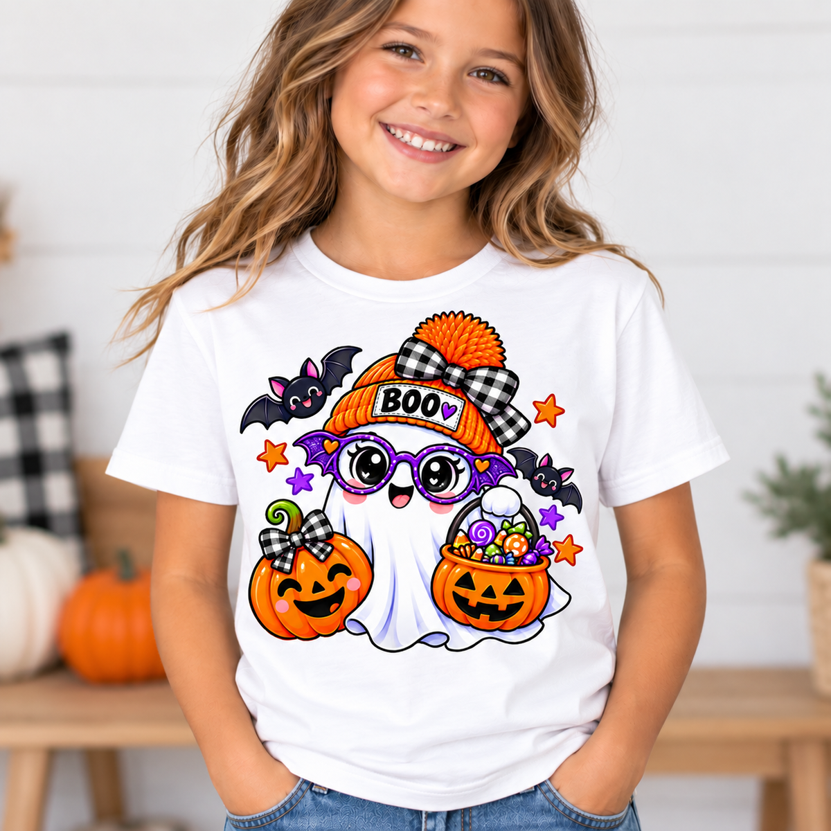 Cute white ghost wearing an orange BOO beanie and purple bat glasses, with smiling jack-o'-lantern pumpkins, candy, and bats, on a toddler Halloween t-shirt