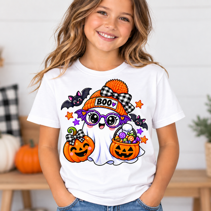 Cute white ghost wearing an orange BOO beanie and purple bat glasses, with smiling jack-o'-lantern pumpkins, candy, and bats, on a toddler Halloween t-shirt