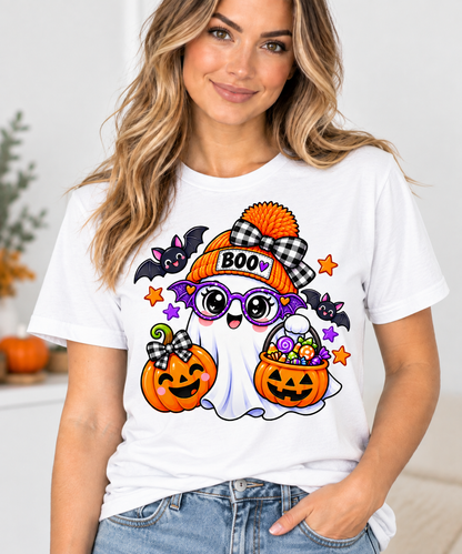 Cute white ghost wearing an orange BOO beanie and purple bat glasses, with smiling jack-o'-lantern pumpkins, candy, and bats, on a toddler Halloween t-shirt adult white
