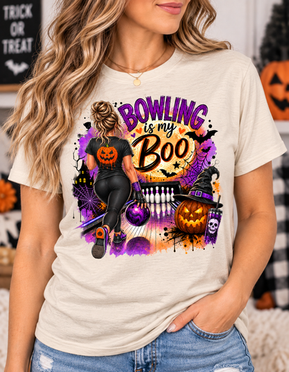 Halloween "Bowling is My Boo" graphic t-shirt with bowler, full moon, jack-o'-lantern, and bats natural