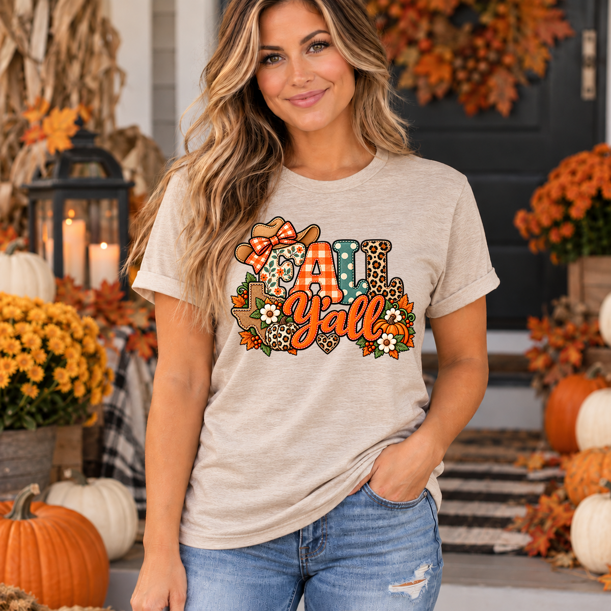 Woman wearing natural tan Fall Y'all Texas t-shirt with patchwork cowgirl hat, pumpkins and fall flowers design on a decorated autumn porch