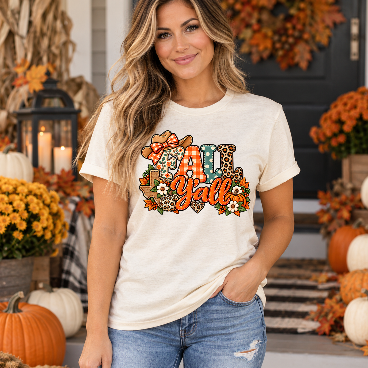 Woman wearing natural cream Fall Y'all Texas t-shirt with patchwork cowgirl hat, pumpkins and fall flowers design on a decorated autumn porch