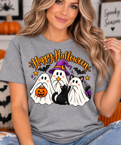 Happy Halloween Ghosts T-Shirt | Cute Ghost Trio & Black Cat Graphic Tee