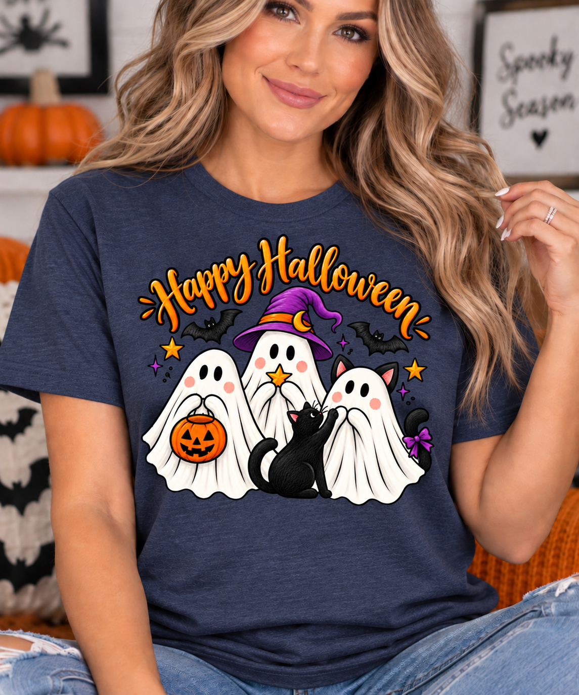 Happy Halloween Ghosts T-Shirt | Cute Ghost Trio & Black Cat Graphic Tee