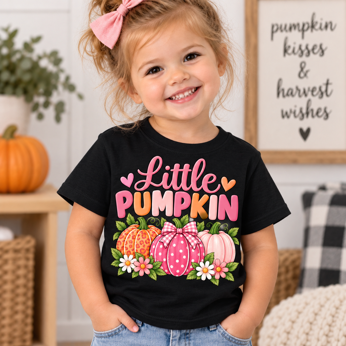 Little Pumpkin shirt design with pink leopard print, polka dot gingham bow, and pastel pumpkins surrounded by daisies black tshirt toddler