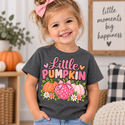 Little Pumpkin shirt design with pink leopard print, polka dot gingham bow, and pastel pumpkins surrounded by daisies dark grey todlder