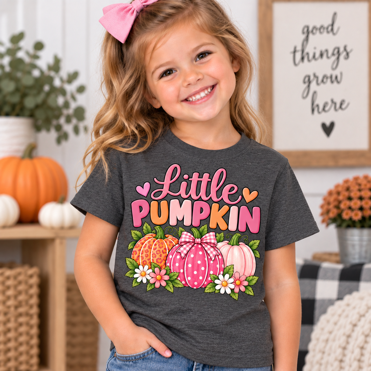 Little Pumpkin shirt design with pink leopard print, polka dot gingham bow, and pastel pumpkins surrounded by daisies black tshirt youth