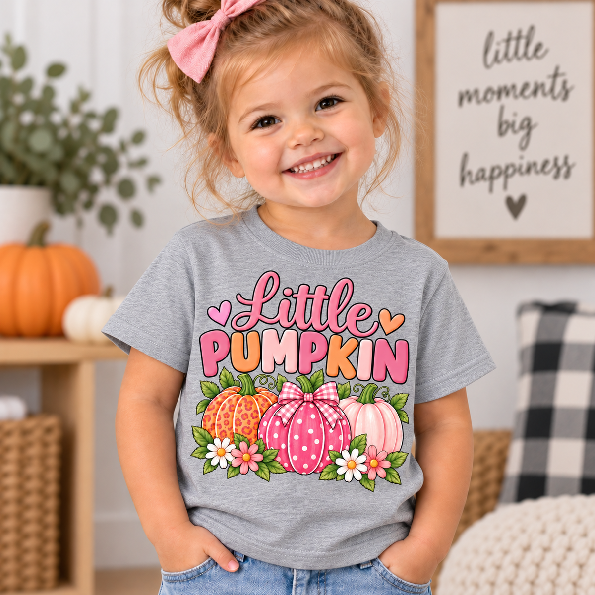 Little Pumpkin shirt design with pink leopard print, polka dot gingham bow, and pastel pumpkins surrounded by daisies