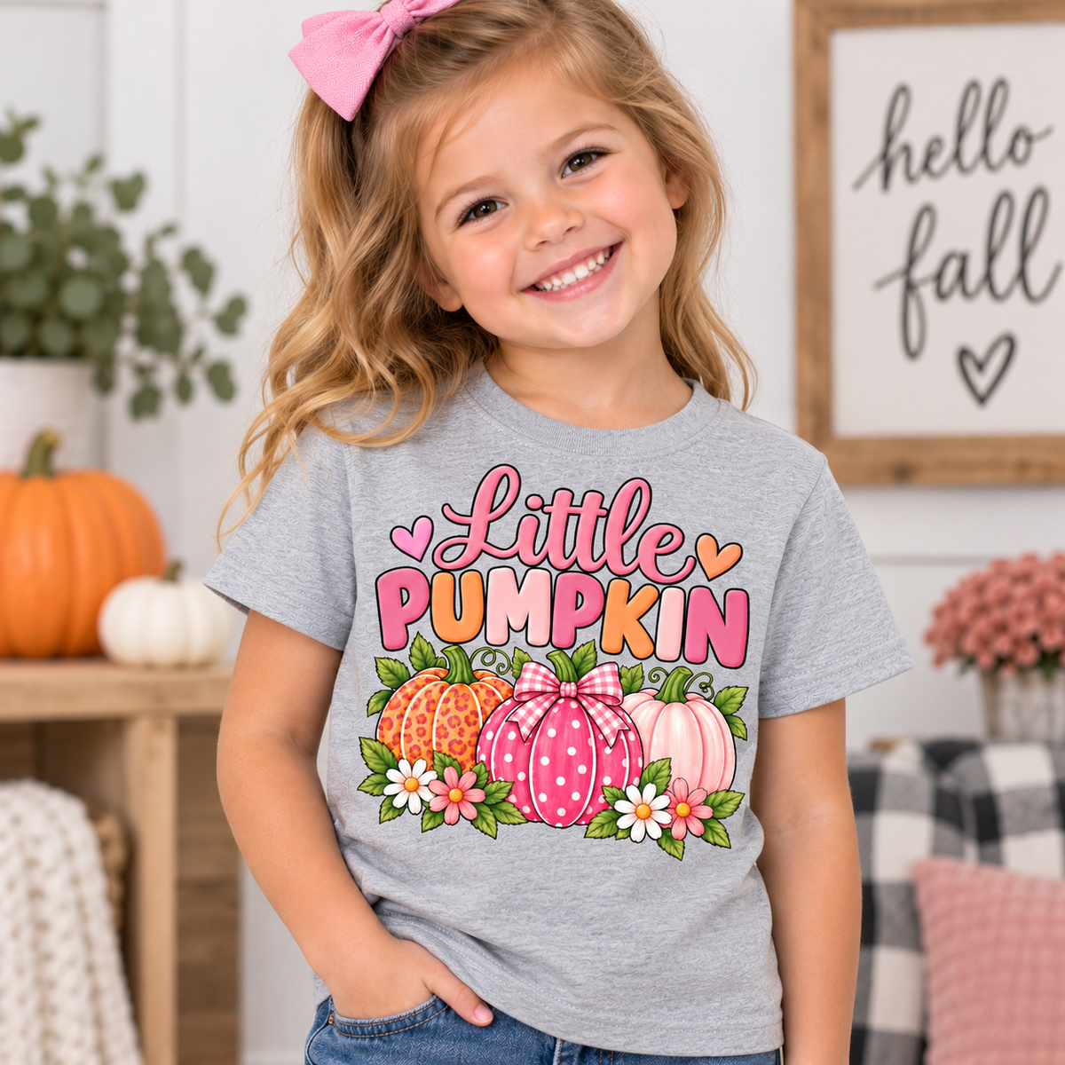 Little Pumpkin shirt design with pink leopard print, polka dot gingham bow, and pastel pumpkins surrounded by daisies grey tshirt youth