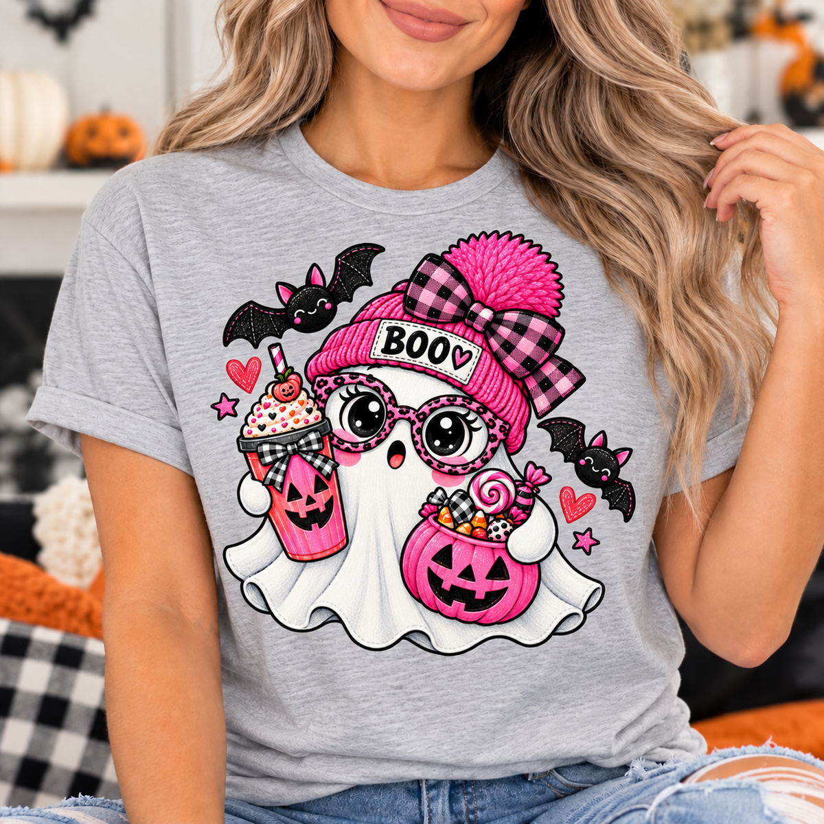 Pink Boo Ghost T-Shirt – Cute Halloween Ghost Tee with Pumpkin Latte & Candy Bucket