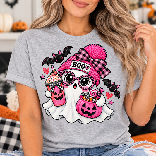 Pink Boo Ghost T-Shirt – Cute Halloween Ghost Tee with Pumpkin Latte & Candy Bucket