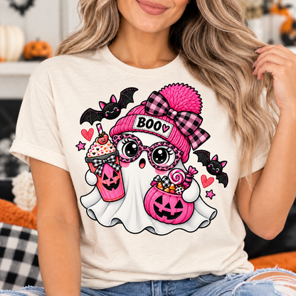Pink Boo Ghost T-Shirt – Cute Halloween Ghost Tee with Pumpkin Latte & Candy Bucket