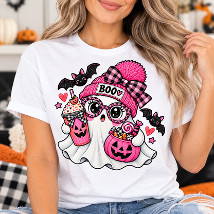 Pink Boo Ghost T-Shirt – Cute Halloween Ghost Tee with Pumpkin Latte & Candy Bucket