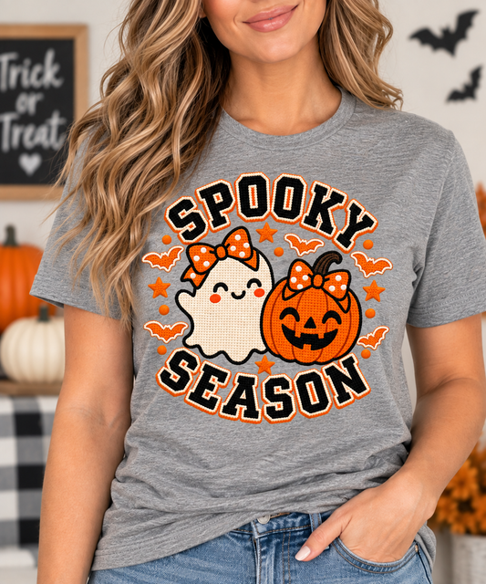 Spooky Season Halloween t-shirt with faux embroidery ghost and pumpkin design