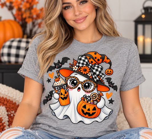 Cute Ghost Halloween Shirt – Spooky Coffee Ghost with Witch Hat & Pumpkin Candy Bucket