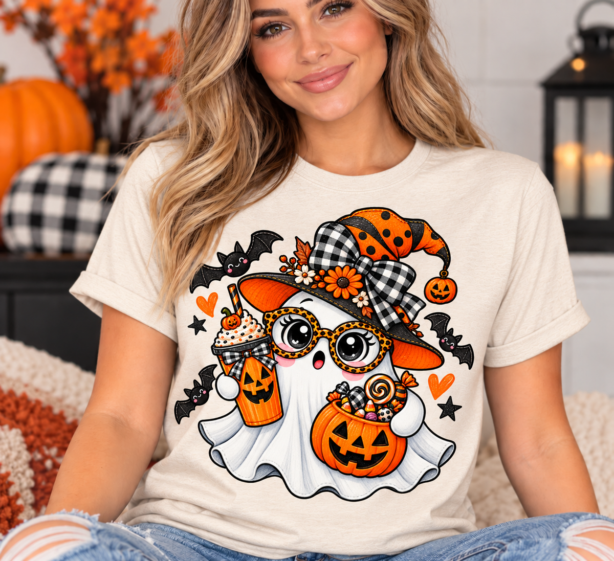 Cute Ghost Halloween Shirt – Spooky Coffee Ghost with Witch Hat & Pumpkin Candy Bucket