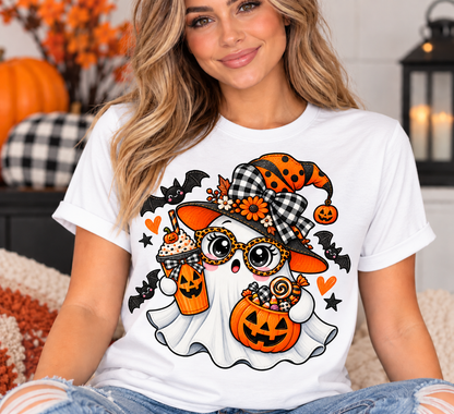 Cute Ghost Halloween Shirt – Spooky Coffee Ghost with Witch Hat & Pumpkin Candy Bucket